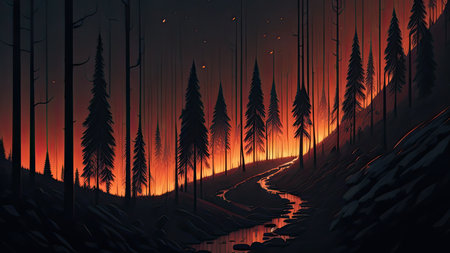 Wildfire catastrophe illustration. The forest is on fire.の素材