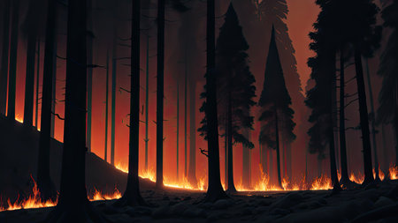 Wildfire catastrophe illustration. The forest is on fire.の素材