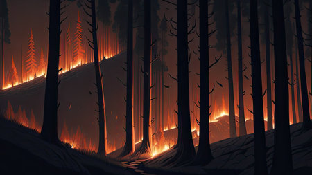 Wildfire catastrophe illustration. The forest is on fire.の素材