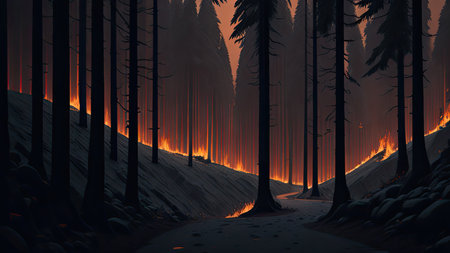 Wildfire catastrophe illustration. The forest is on fire.の素材