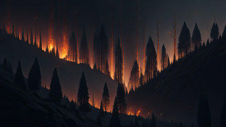 Wildfire catastrophe illustration. The forest is on fire.の素材