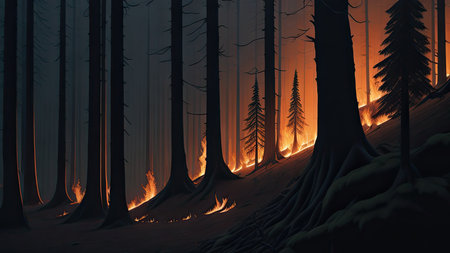 Wildfire catastrophe illustration. The forest is on fire.の素材