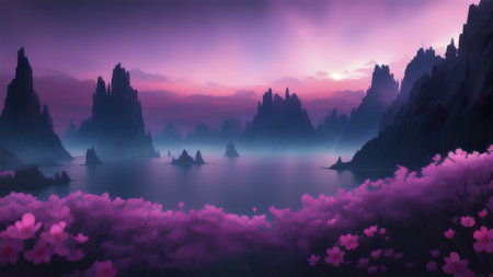 Evening dark landscape with sakura on the seashoreの素材