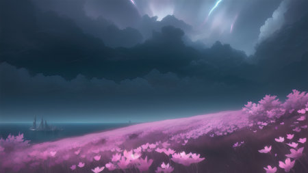 Evening dark landscape with sakura on the seashoreの素材