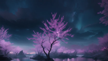 Evening dark landscape with sakura on the seashoreの素材
