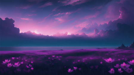 Evening dark landscape with sakura on the seashoreの素材