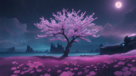 Evening dark landscape with sakura on the seashoreの素材