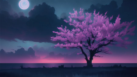 Evening dark landscape with sakura on the seashoreの素材