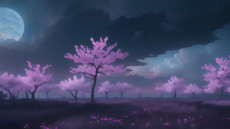 Evening dark landscape with sakura on the seashoreの素材