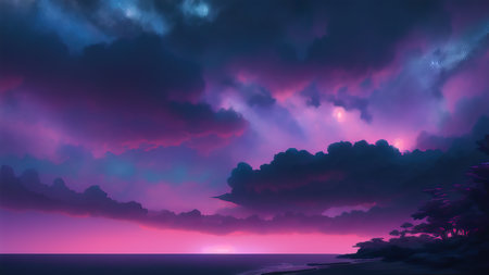 Evening dark landscape with sakura on the seashoreの素材