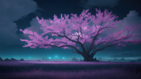 Evening dark landscape with sakura on the seashoreの素材