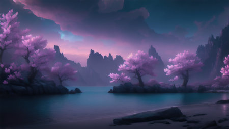 Evening dark landscape with sakura on the seashoreの素材