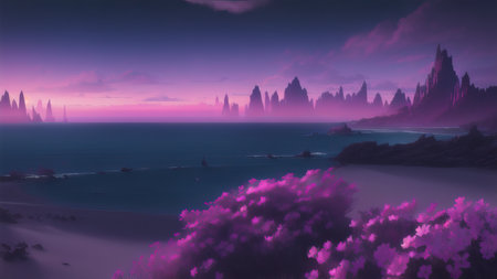 Evening dark landscape with sakura on the seashoreの素材
