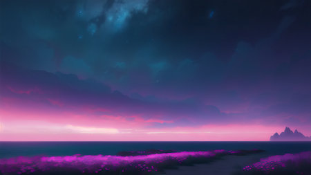 Evening dark landscape with sakura on the seashoreの素材