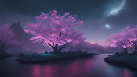 Evening dark landscape with sakura on the seashoreの素材