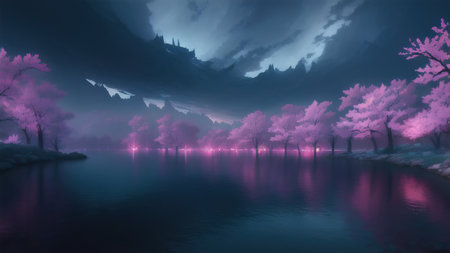 Evening dark landscape with sakura on the seashoreの素材