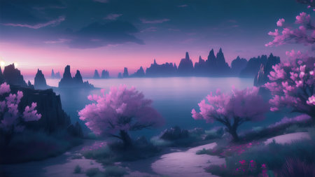 Evening dark landscape with sakura on the seashoreの素材