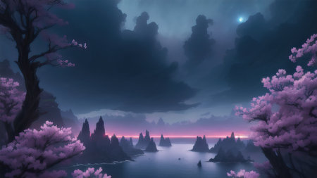 Evening dark landscape with sakura on the seashoreの素材