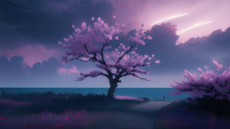 Evening dark landscape with sakura on the seashoreの素材