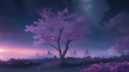Evening dark landscape with sakura on the seashoreの素材
