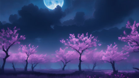 Evening dark landscape with sakura on the seashoreの素材
