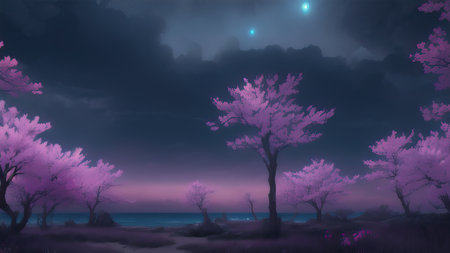 Evening dark landscape with sakura on the seashoreの素材