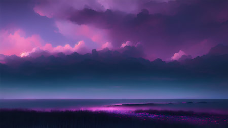Evening dark landscape with sakura on the seashoreの素材