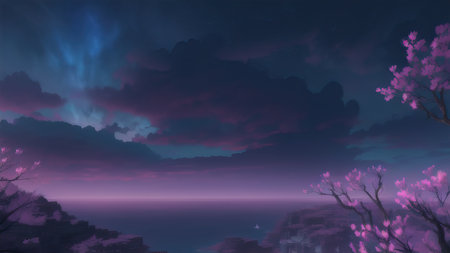 Evening dark landscape with sakura on the seashoreの素材