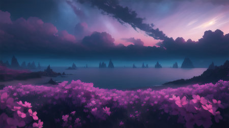 Evening dark landscape with sakura on the seashoreの素材