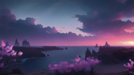 Evening dark landscape with sakura on the seashoreの素材