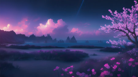 Evening dark landscape with sakura on the seashoreの素材