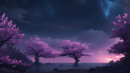 Evening dark landscape with sakura on the seashoreの素材
