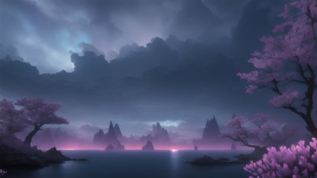 Evening dark landscape with sakura on the seashoreの素材
