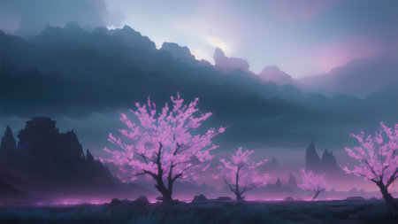 Evening dark landscape with sakura on the seashoreの素材