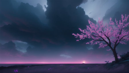 Evening dark landscape with sakura on the seashoreの素材
