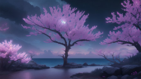 Evening dark landscape with sakura on the seashoreの素材