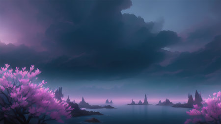 Evening dark landscape with sakura on the seashoreの素材