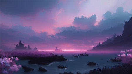 Evening dark landscape with sakura on the seashoreの素材