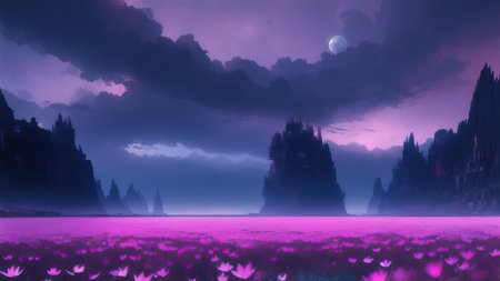 Evening dark landscape with sakura on the seashoreの素材