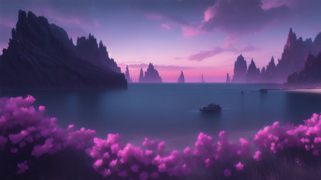 Evening dark landscape with sakura on the seashoreの素材