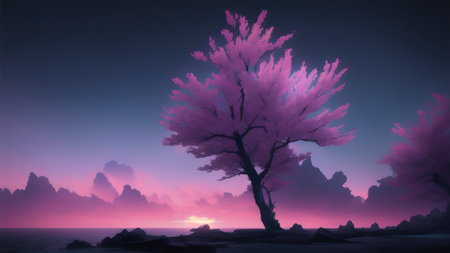 Evening dark landscape with sakura on the seashoreの素材