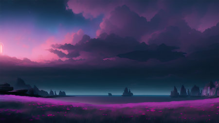 Evening dark landscape with sakura on the seashoreの素材