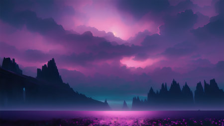 Evening dark landscape with sakura on the seashoreの素材