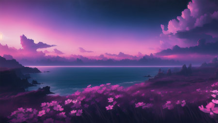 Evening dark landscape with sakura on the seashoreの素材