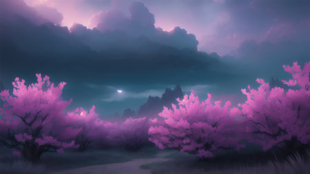 Evening dark landscape with sakura on the seashoreの素材