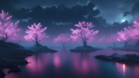 Evening dark landscape with sakura on the seashoreの素材