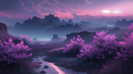 Evening dark landscape with sakura on the seashoreの素材
