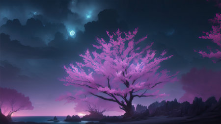 Evening dark landscape with sakura on the seashoreの素材