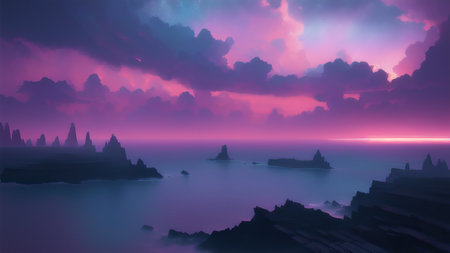 Evening dark landscape with sakura on the seashoreの素材