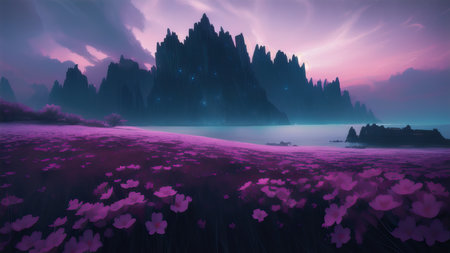 Evening dark landscape with sakura on the seashoreの素材